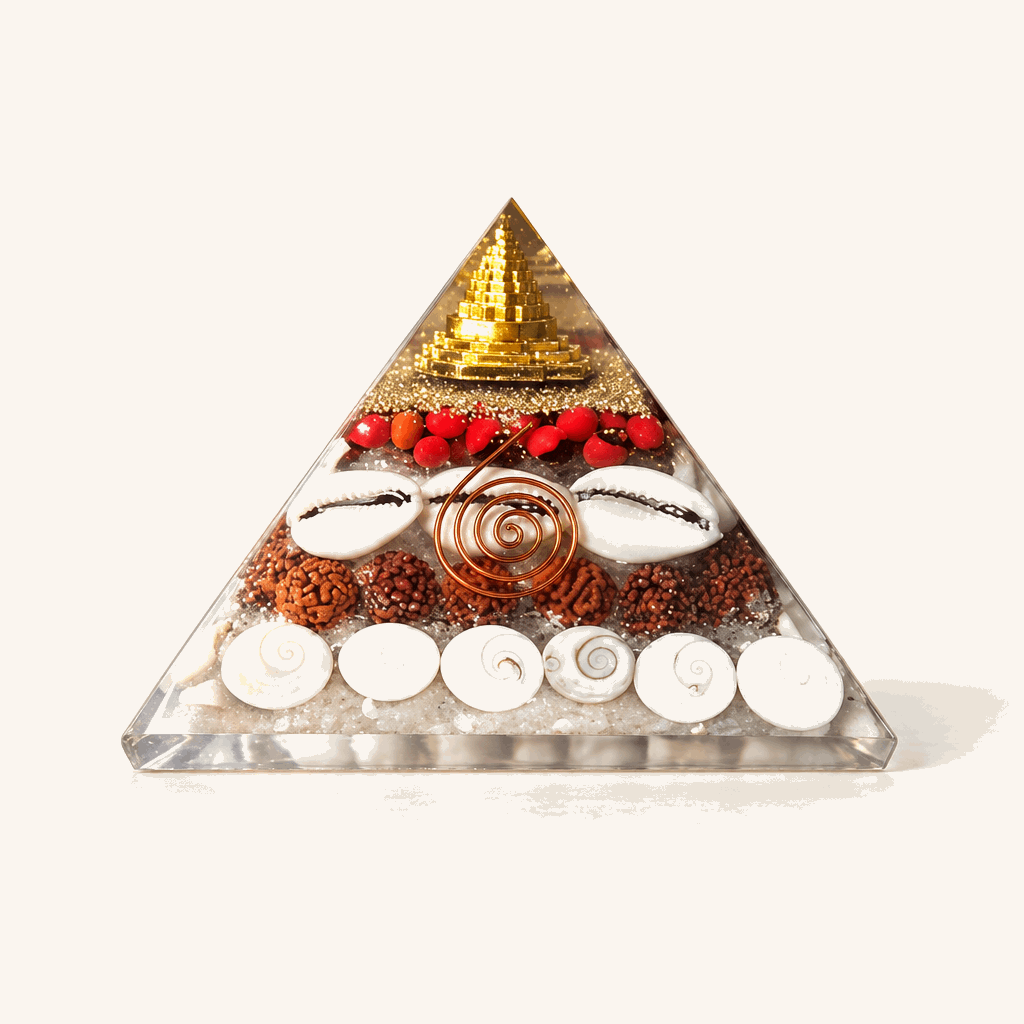 Crystal Wealth Gomati Chakra Shree Yantra Pyramid with visible white circular elements, beads and gold Shree Yantra detail.
