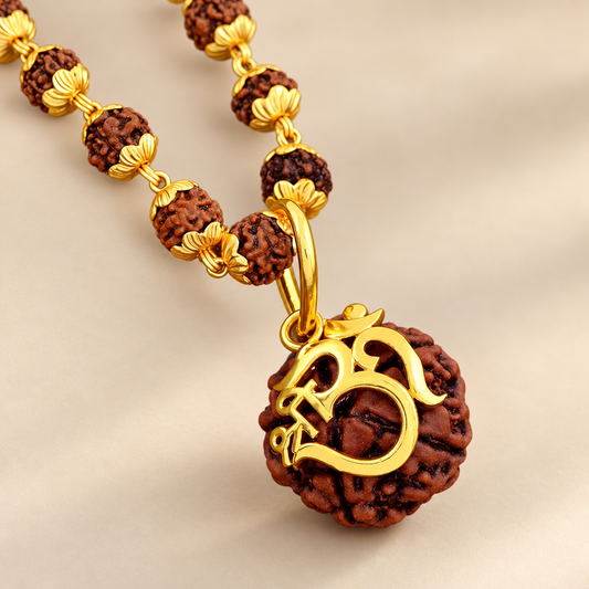 Rudraksha pendant with Om Shree design and gold-coloured details.