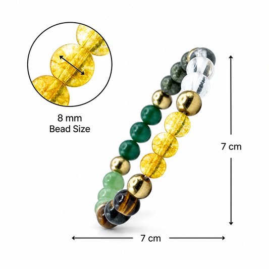 Money Magnet Crystal Bracelet with multicolour beads, shown with 8 mm bead size and 7 cm measurements.