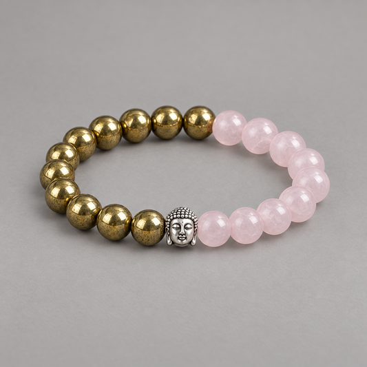 Pink and metallic beaded Money and Love Attractor Bracelet worn on a wrist.