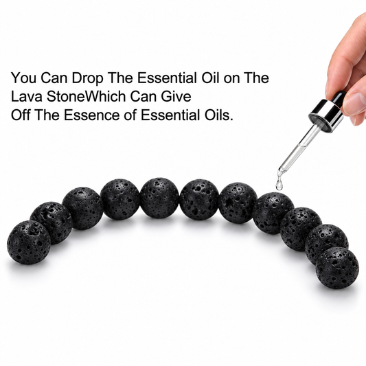 Black lava rock bead stretch bracelet shown with an essential oil dropper.