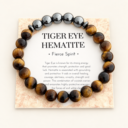 Hematite Tiger Eye Bracelet with dark metallic and brown-golden round beads, shown on a Tiger Eye Hematite card.