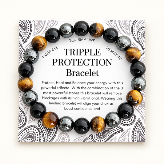 Triple Protection Bracelet with black, grey-toned and golden-brown beads displayed on a printed card.