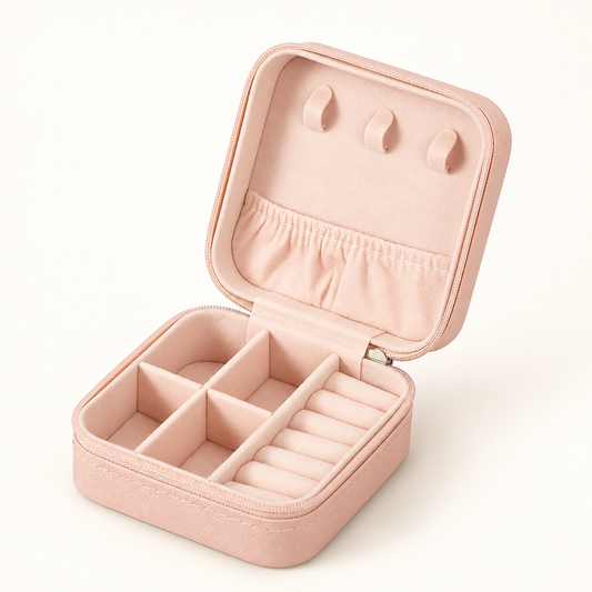 Open light pink zippered jewellery storage case with divided compartments, ring rolls, lid hooks and pocket.