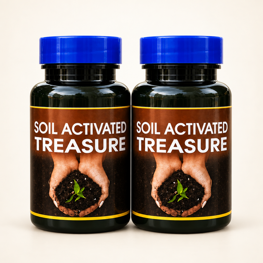 Two bottles of Soil Activated Treasure Premium Soil Activator with blue caps.