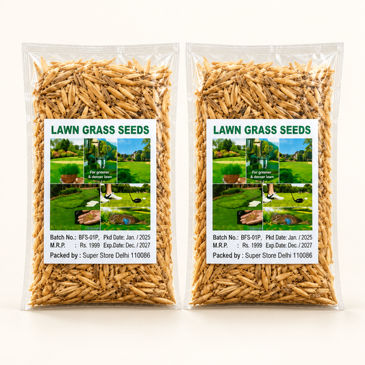 Two clear pouches labelled Lawn Grass Seeds.
