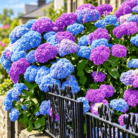 Blue and purple hydrangea flower clusters growing beside a black fence.