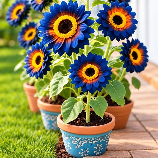 Potted blue flowers with yellow centres and green leaves.