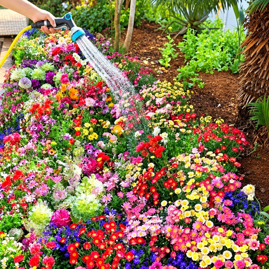 Watering a multicolour flower bed in a garden
