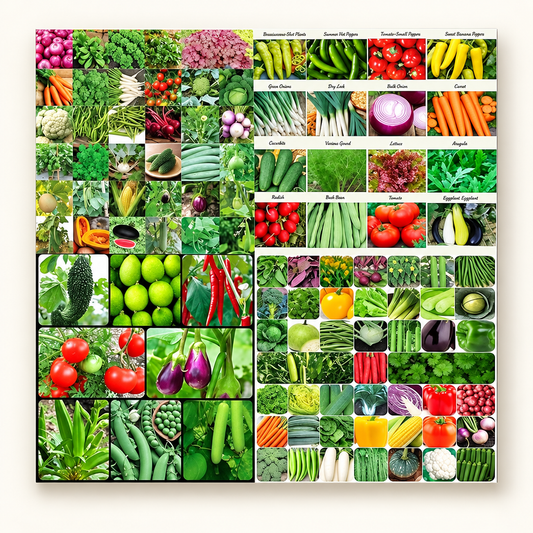 Product image showing a collage of assorted vegetable varieties for the seed mix.