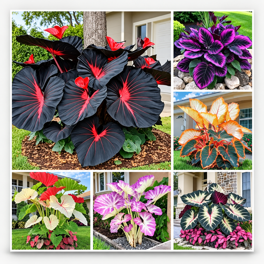 Collage showing dark and multicoloured foliage plants.