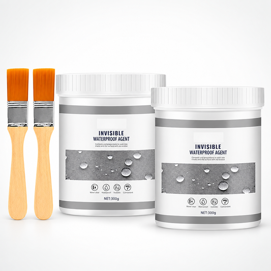 Two containers labelled Invisible Waterproof Agent, shown with brushes.