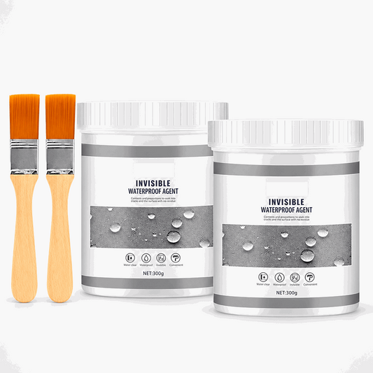 Two containers labelled Invisible Waterproof Agent, shown with brushes.