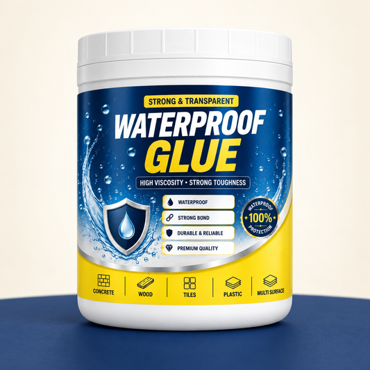 Jar of transparent waterproof glue with blue and yellow label