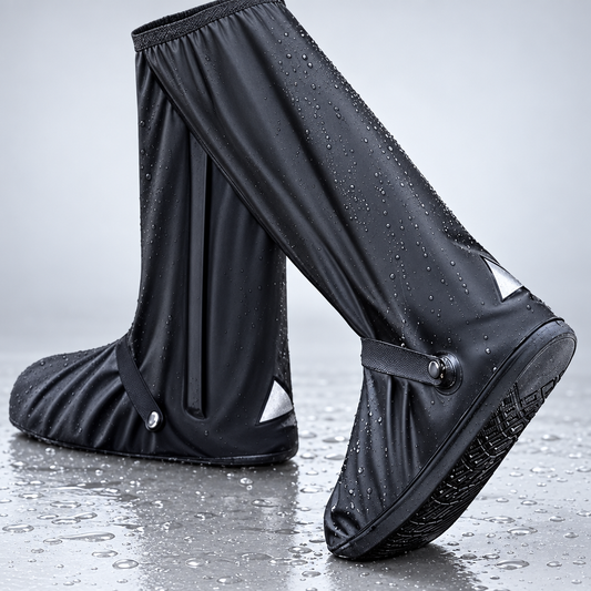 Black waterproof shoe covers with side fastening details and textured soles.