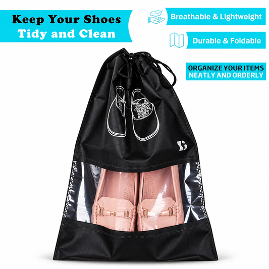 Black drawstring shoe storage bag with a clear front panel, shown holding a pair of pink shoes.