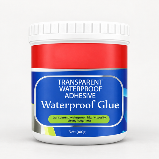 Jar of transparent waterproof adhesive labelled Waterproof Glue.