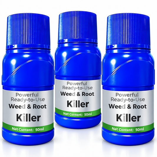Three blue 50 ml Ready-to-Use Weed & Root Killer bottles.