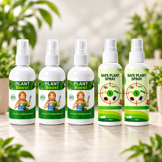 Pack of five spray bottles with three Plant Boost bottles and two Safe Plant Spray bottles.