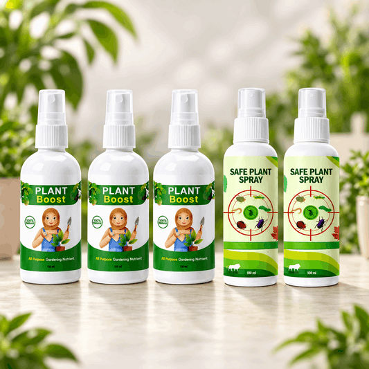 Pack of five spray bottles with three Plant Boost bottles and two Safe Plant Spray bottles.