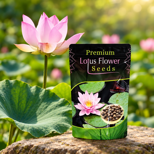 Premium Lotus Flower Seeds packet with lotus flower imagery.