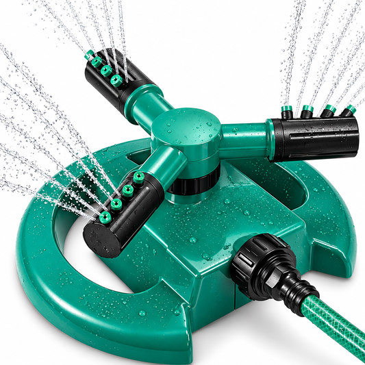 Green and black three-arm rotating water sprinkler with hose connector