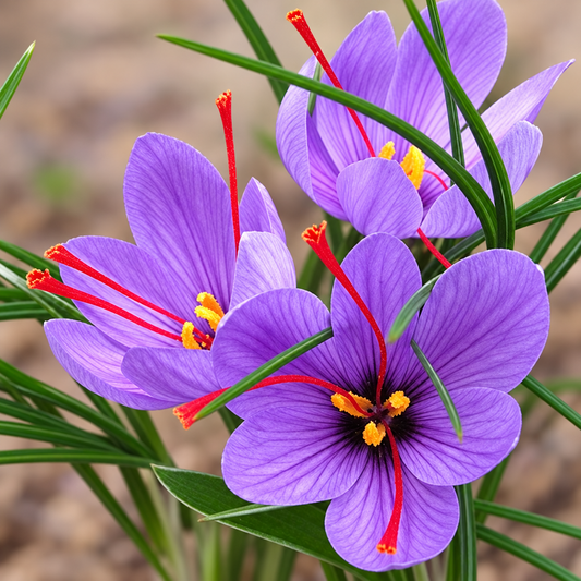 Purple saffron flowers with red stigmas and green leaves.