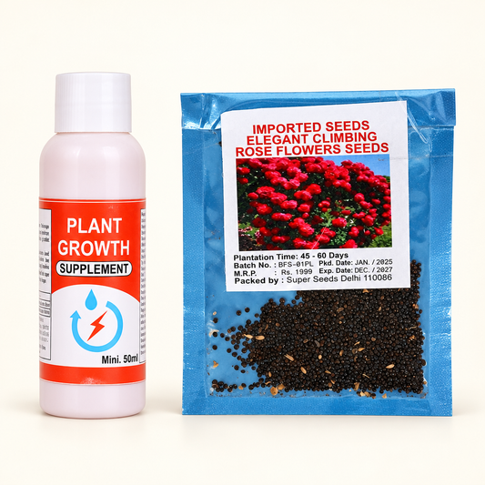 Plant Growth Supplement mini 50 ml bottle beside an Elegant Climbing Rose Flowers Seeds packet.