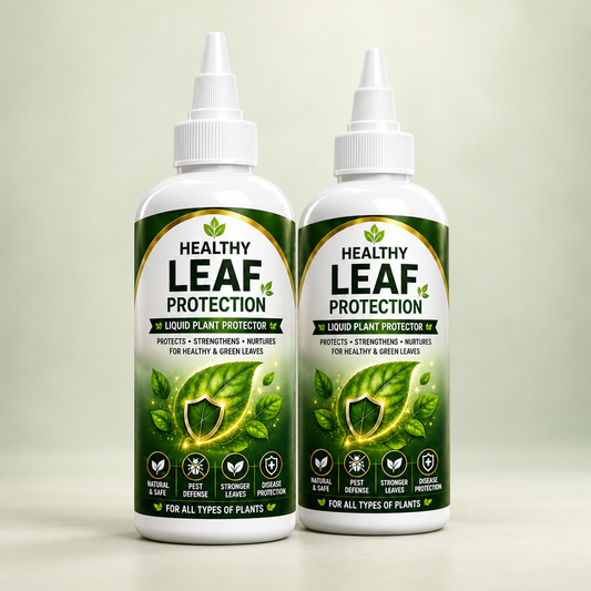 Two bottles of Healthy Leaf Protection Liquid plant protector.