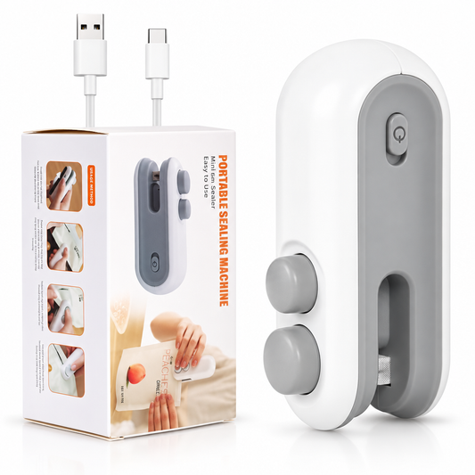 White and grey rechargeable portable bag sealer and cutter with product box and USB charging cable.