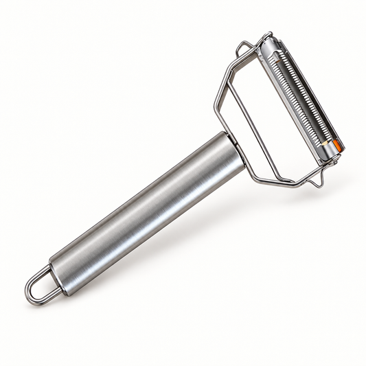 Dual-blade stainless steel vegetable peeler with an orange handle end