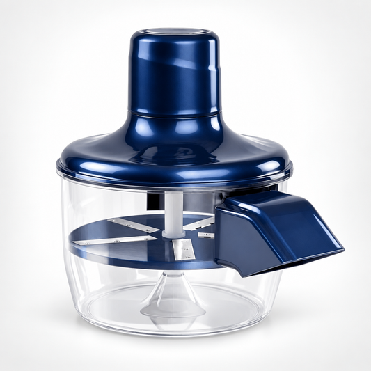 Dark blue electronic fruit peeler with transparent bowl and visible internal blade assembly.