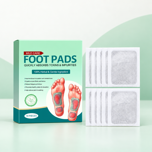 Herbal and gentle ingredient foot pads with box and individual pads shown.