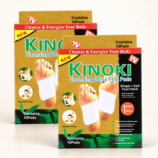Two Kinoki Cleansing Detox Foot Pads packs, each labelled Contains 10 Pads.