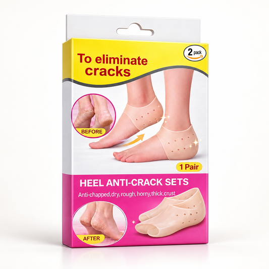 Box of Anti Crack Silicone Heel Socks showing one pair of open-toe heel covers.