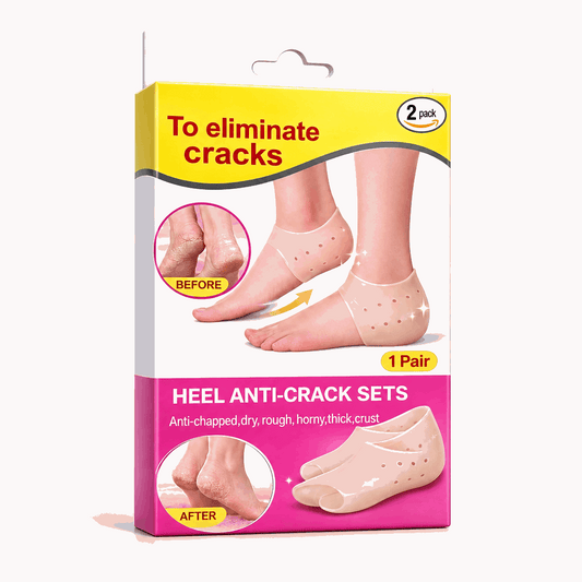 Box of Anti Crack Silicone Heel Socks showing one pair of open-toe heel covers.