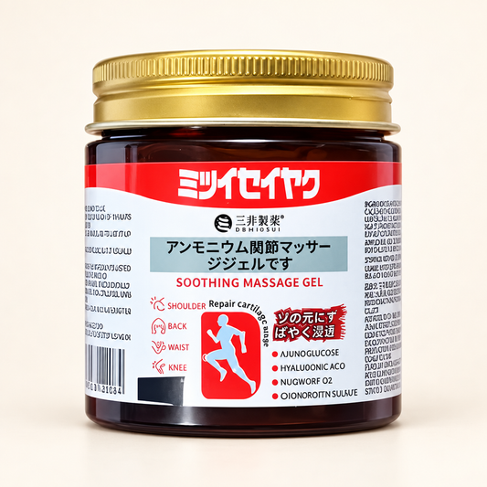 Jar of soothing massage gel with a gold lid and Japanese text label.