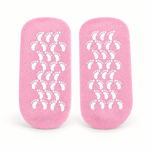 Pink and blue ankle-length silicone gel socks with white footprint patterns on the soles.