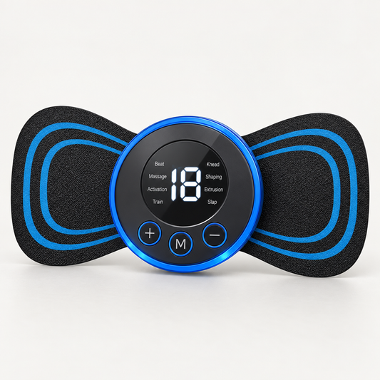 Black and blue body massager patch with snap-on controller