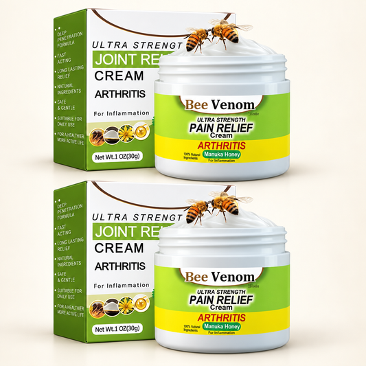 Pack of two Bee Venom Pain Relief Cream jars with cartons.