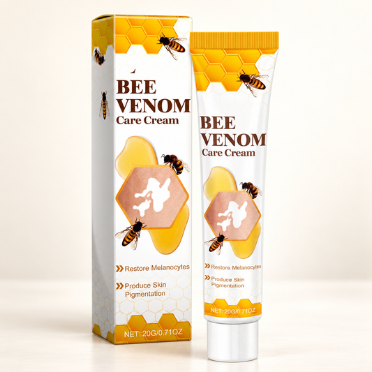 Bee Venom Care Cream tube and carton with honeycomb and bee design.
