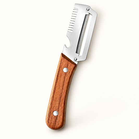 3-in-1 vegetable peeler with a wooden handle and metal head.