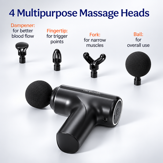 Black massage gun with four interchangeable massage heads: dampener, fingertip, fork and ball.