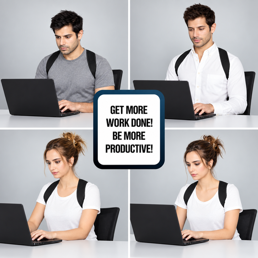 People wearing a black shoulder and upper-back posture corrector while working on laptops.