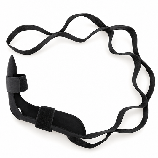 Black yoga belt with a foot loop for leg and foot exercises.