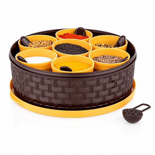 Plastic masala box with seven yellow compartments and spoons inside a dark brown outer holder.