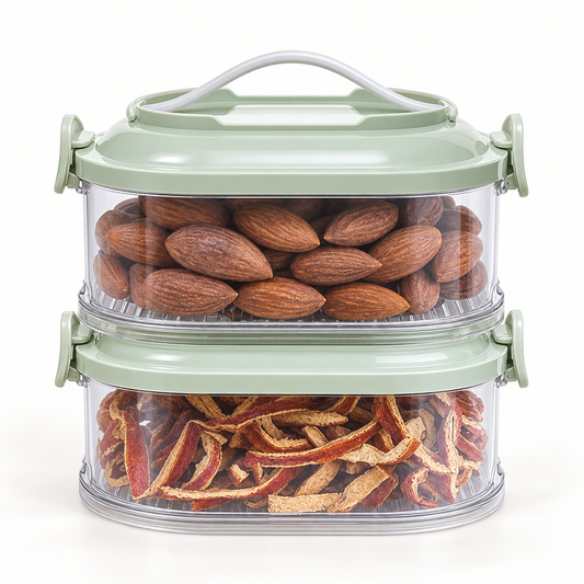 Transparent two-layer sealed spice organizer with lidded containers.