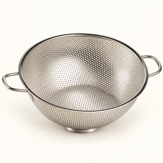 Stainless steel perforated kitchen colander strainer with side handles.