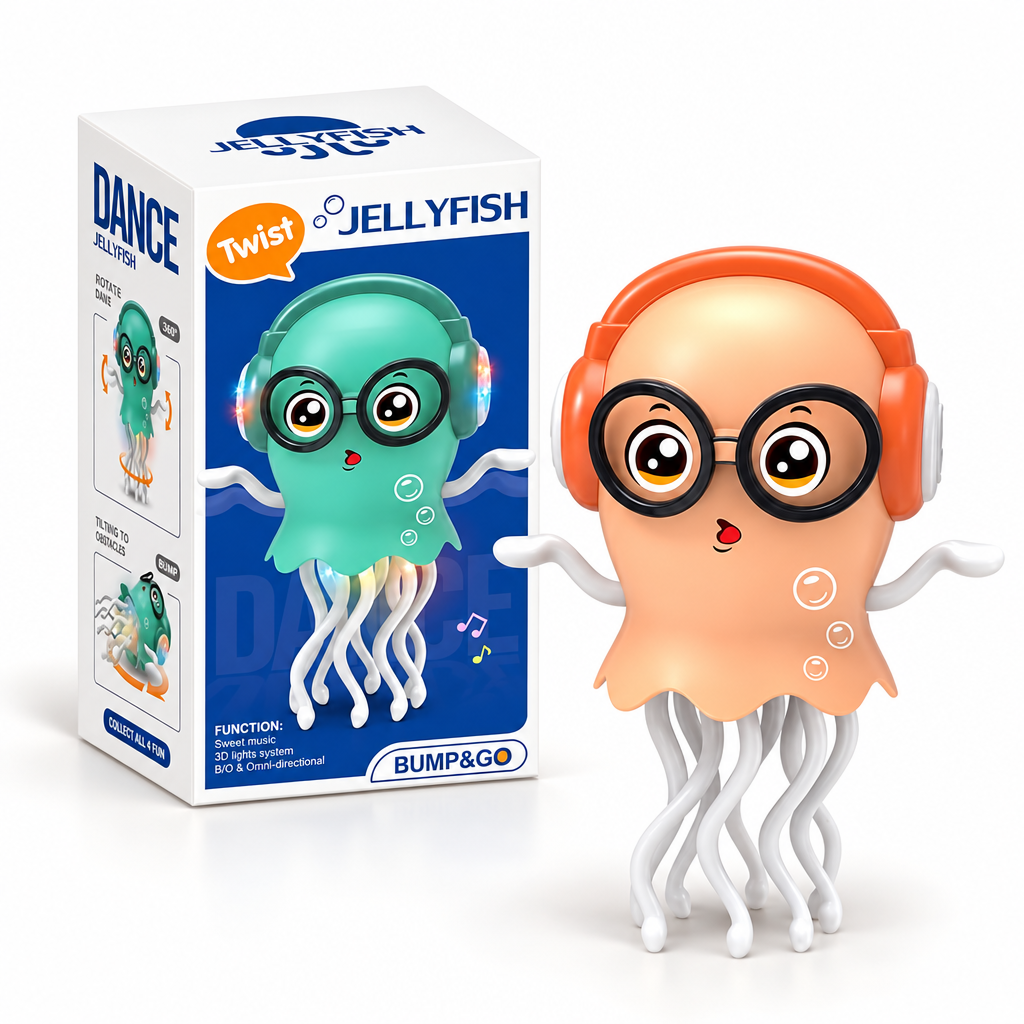 Battery-operated cartoon jellyfish toy with glasses and headphones shown beside its retail box.