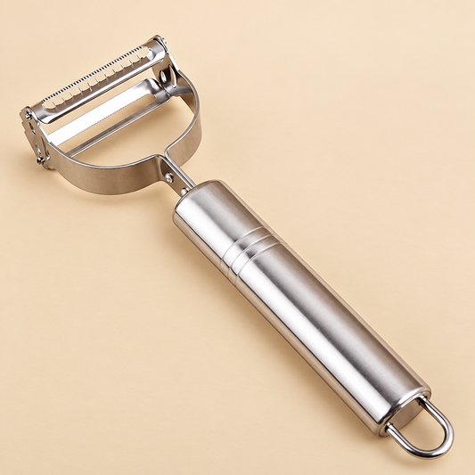 Stainless steel 2-in-1 julienne vegetable peeler with metal handle and hanging loop.